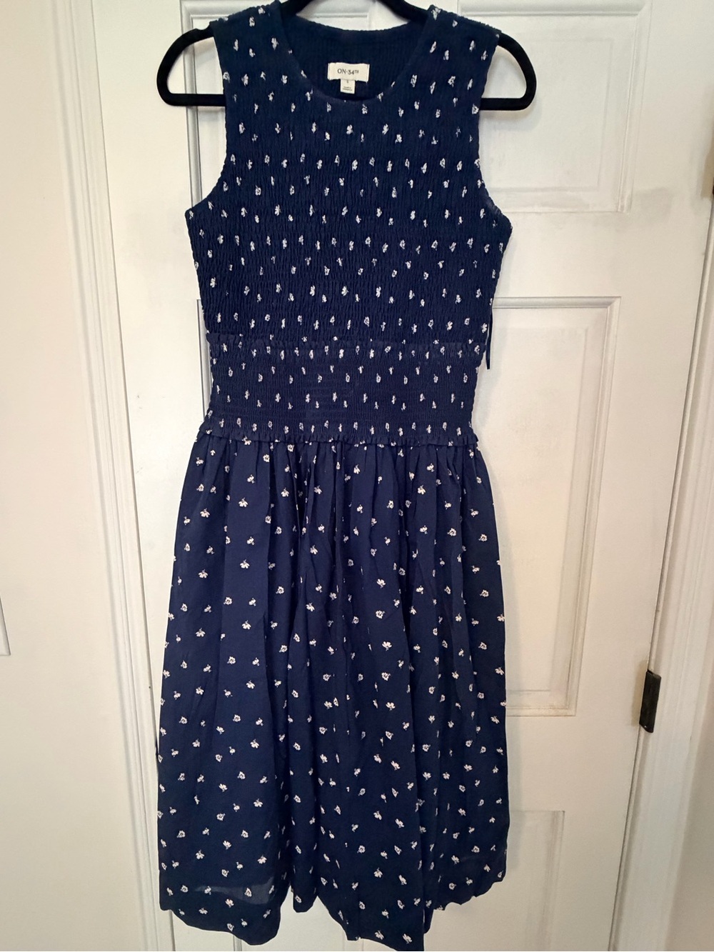 ON 34th Navy Midi Dress with White Floral Print
